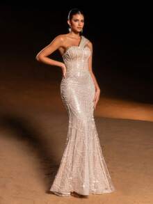 Faeriesty Haute Glamour Elegant Beaded One-Shoulder Mermaid Evening Gown With Delicate Sheer Draped Fabric – Intricate Corset-Style Beading, Fan-Patterned Skirt & Graceful Mermaid Silhouette For Weddings, Galas, Proms & Red-Carpet Events