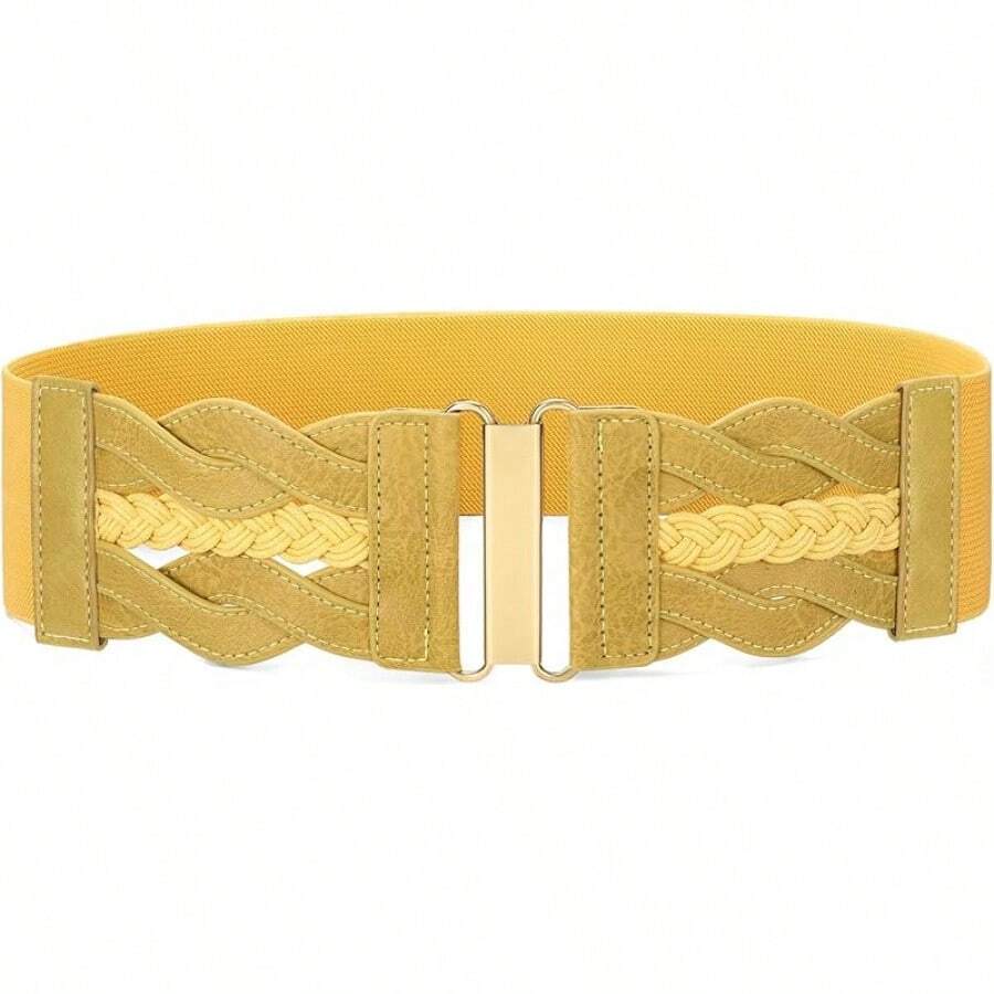 Vintage Stretchy Wide Elastic Belt With Gold Buckle For Women - 黃色 - 查看 1