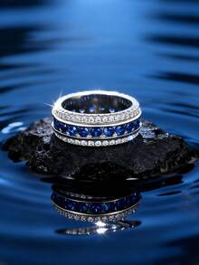925银女士优雅双环戒指 - 密镶钻石和蓝色蓝宝石，时尚珠宝，适合日常佩戴和特殊场合 - 微鑲鋯石戒指 - 查看 4