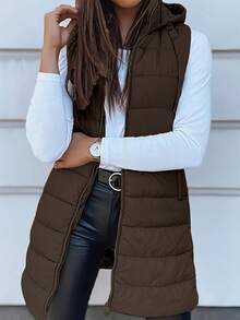 优雅女士加厚保暖连帽背心 - 纯色，长袖，四季夹克，时尚街头服饰，四季外套，别致街头服饰，耐用外套，纯色拉链口袋带抽绳 - 深棕色 - 查看 3