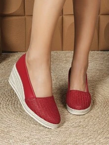 Mocasines con plataforma y suela gruesa para mujer - Elegante y de moda - Cómodos para uso casual - Serie de Oriente Medio - Estilo retro - Para trayectos diarios - Versátiles para uso casual - Minimalistas - Tacones altos - Slip-on - con perlas falsas - Tacones altos de plataforma baja - Trenzados - Zapatos de cuña con plataforma y suela gruesa para mujer - Rojo - Ver 12