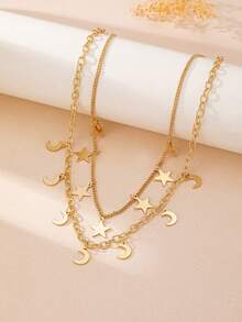 1pc Elegant Fashionable Occasion Wear Gold Metallic Moon & Star Pendant Multilayer Necklace For Women - Yellow Gold - View 5