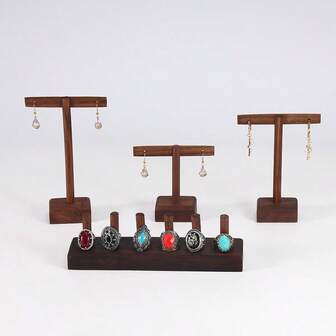 黑胡桃木首饰架，带 T 型杆，大容量创意珠宝展示和收纳架，适用于戒指、耳环、项链