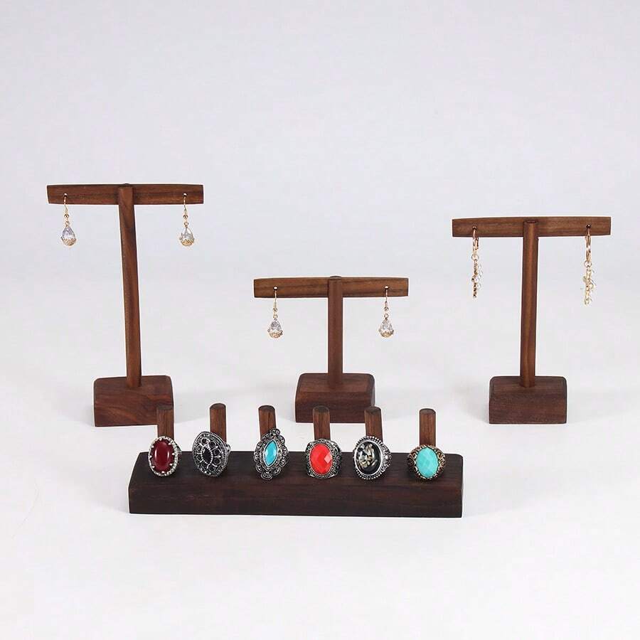 Black Walnut Jewelry Stand With T-Bar, Large Capacity Creative Jewelry Display And Storage Organizer For Rings, Earrings, Necklaces - Multicolor - View 1