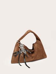 Ladies' Handbag Crescent Bag Brown Suede With Bead Bow Tie Matte Finish Lazy Retro Versatile Commuting Style Shoulder Underarm For Outings, Autumn And Winter.
