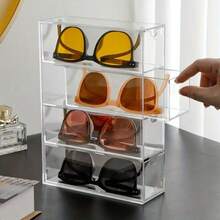 4-Layer Acrylic Eyeglasses Display Box, Stackable Desktop Sunglasses Storage Organizer, Dust-Proof Stationery Drawer-Style Rack