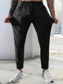 1pc Men's Lightweight Quick-Dry High Elasticity Running Pants With Zipper Pockets - Summer, Solid Black, Drawstring Waist, Suitable For Gym, Hiking And Casual Wear, Casual Sportswear | Fashionable Sweatpants | Durable Activewear - Black - View 3