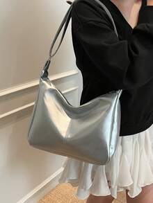 Vintage Solid Color PU Leather Shoulder Bag For Women, Casual Large Capacity Outdoor Travel Vacation Crossbody Bag, Portable Versatile Business Commuting Crescent Bag For Daily Work Use, Lightweight New Street Shopping Underarm Bags - Silver - View 6