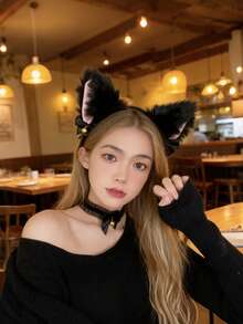 2pcs Women White Sexy Mesh Furry Ear Headband Bow Choker Bell Costume Accessories Prop, Halloween Gift, Party Supplies