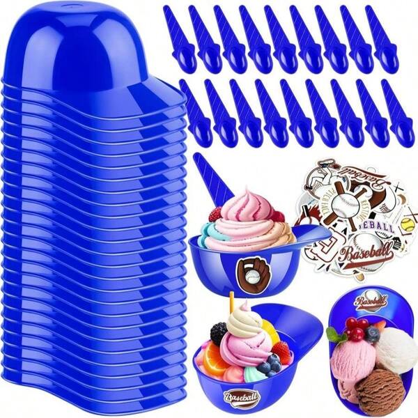 MEEZY 50 Set Baseball Helmet Ice Cream Bowls With 25 Mini Dessert Cups And 25 Spoons, 8oz Reusable Baseball Cap Snack Dessert Cup Bowls Baseball Party Favors For Kids Sports Birthday Party Supplies