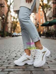 Women's Platform Sneakers, Beautiful, Comfortable And Resistant (LARGE SIZE) - White Gold - View 1