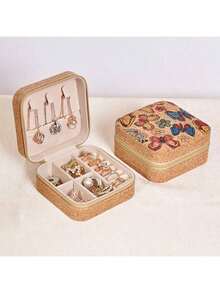 1pc Premium Vintage-Style Jewelry Storage Box, Portable Travel Earring Ring Necklace Organizer, New Print Design For Women Storage Organizer Travel Essentials Back To School Dormitory Storage