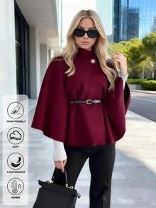 Winter Women's Clothes, Short Style, Stand-Up Collar, Loose, Woolen Coat, Shawl Cape, Complimentary Belt, Chic,Two Pieces Set, Christmas ,Tops