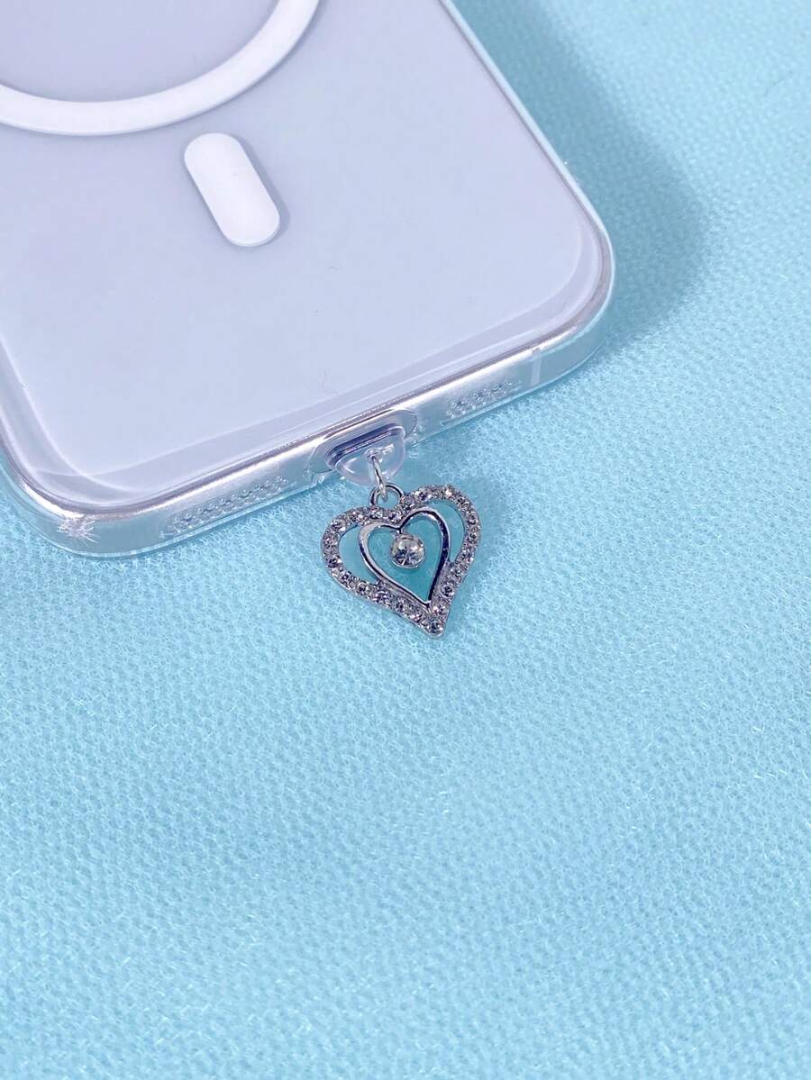 1pc Novetly Metal Rhinestone Double Layer Heart Shaped Pendant Decor Dust Plug Compatible With IPhone Charging Port Type-C Charging Port Data Port Plug, Anti-Dust Plug Compatible With Mi Oppo Vivo Samsang IPhone5-16 Earphone For Party Decoration