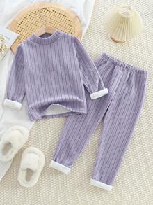 2 piezas Conjunto de pijama para niñas, parte superior de cuello alto de manga larga con forro térmico de unicolor y a rayas, y pantalón largo casual, otoño/invierno