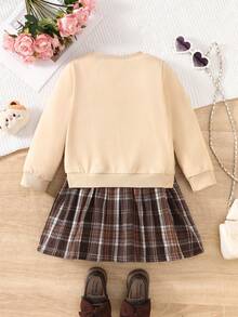 1pc Girls Casual "My Cat" Letter, Bow & Cat Graphic Soft Knit Long Sleeve Sweatshirt Dress, Autumn/Winter - Apricot - View 2