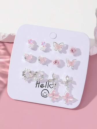 6 对/套粉色玫瑰花、流苏、蝴蝶图案耳环套装，适合女士