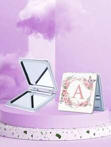 1 Stück romantischer Blumen- & Buchstaben-Serie tragbarer Kosmetikspiegel, faltbar, leicht, ultradünn, praktischer Handspiegeln, nano-elektroplattierter Silberrahmen, zarte Details, geeignet für alle Anlässe und Personen, faltbare quadratische Form für einfaches Tragen