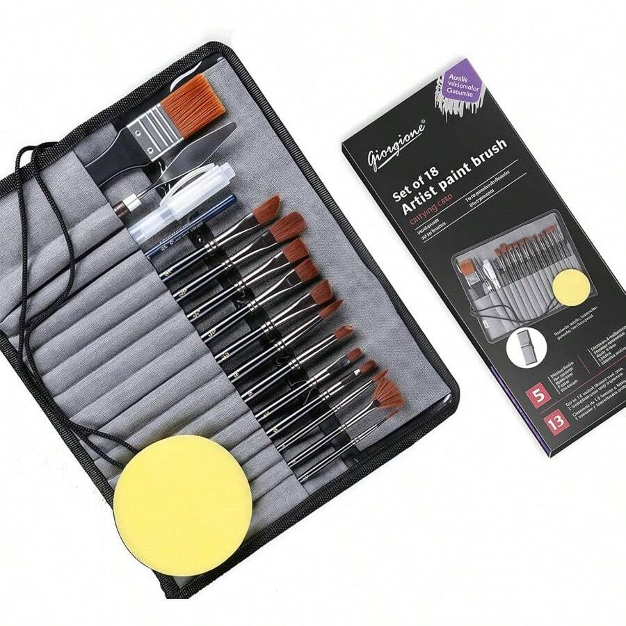 18 Pzs Kit de Pinceles para Pintura Acrilica, Cepillos de Acuarela y Gouache, Incluye Pincel de Punta Plana, Esptula y Esponja, Viene con Estuche, para Acuarela Gouache y Pintura al leo - inicial - Ver 1