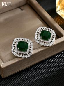 1 Pair Copper Plated Cubic Zirconia Stud Earrings, Luxurious, Multi-Color Options, Suitable For Party, Banquet, Daily Wear, Great Gift