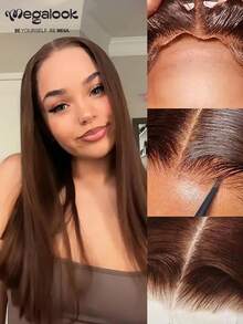 MEGALOOK 沙龙级奢华巧克力棕色6x5蕾丝无胶假发，180%密度，双层拉丝柔顺直发，预先拔毛、预先剪裁，打造自然发际线，无胶蕾丝闭合，10-20英寸长波波头假发，适合初学者，夏季轻盈，日常佩戴，适合办公室。 - S4 - 查看 2