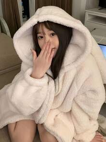 女士冬季睡袍 - 带兔耳朵的毛绒连帽浴袍，加厚保暖睡衣，舒适家居服，可爱兔子主题派对服装，奢华水疗家居服，女士浴袍，寒冷天气睡衣，趣味设计，柔软面料，舒适睡衣，卡通风格，耐用，成人睡衣，睡衣，动物睡衣，冬季睡衣，女士睡衣，女士睡袍 - 彩色 - 查看 6