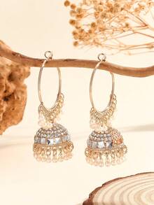 1 Đôi Hoa tai vòng sang trọng, Hoa tai Jhumka đính đá thời trang thanh lịch có chuông và tua rua, Trang sức truyền thống phù hợp cho trang phục hàng ngày của phụ nữ, Lễ hội, Đám cưới và Tiệc tùng/Quà tặng trang sức - Cổ điển - Xem 12