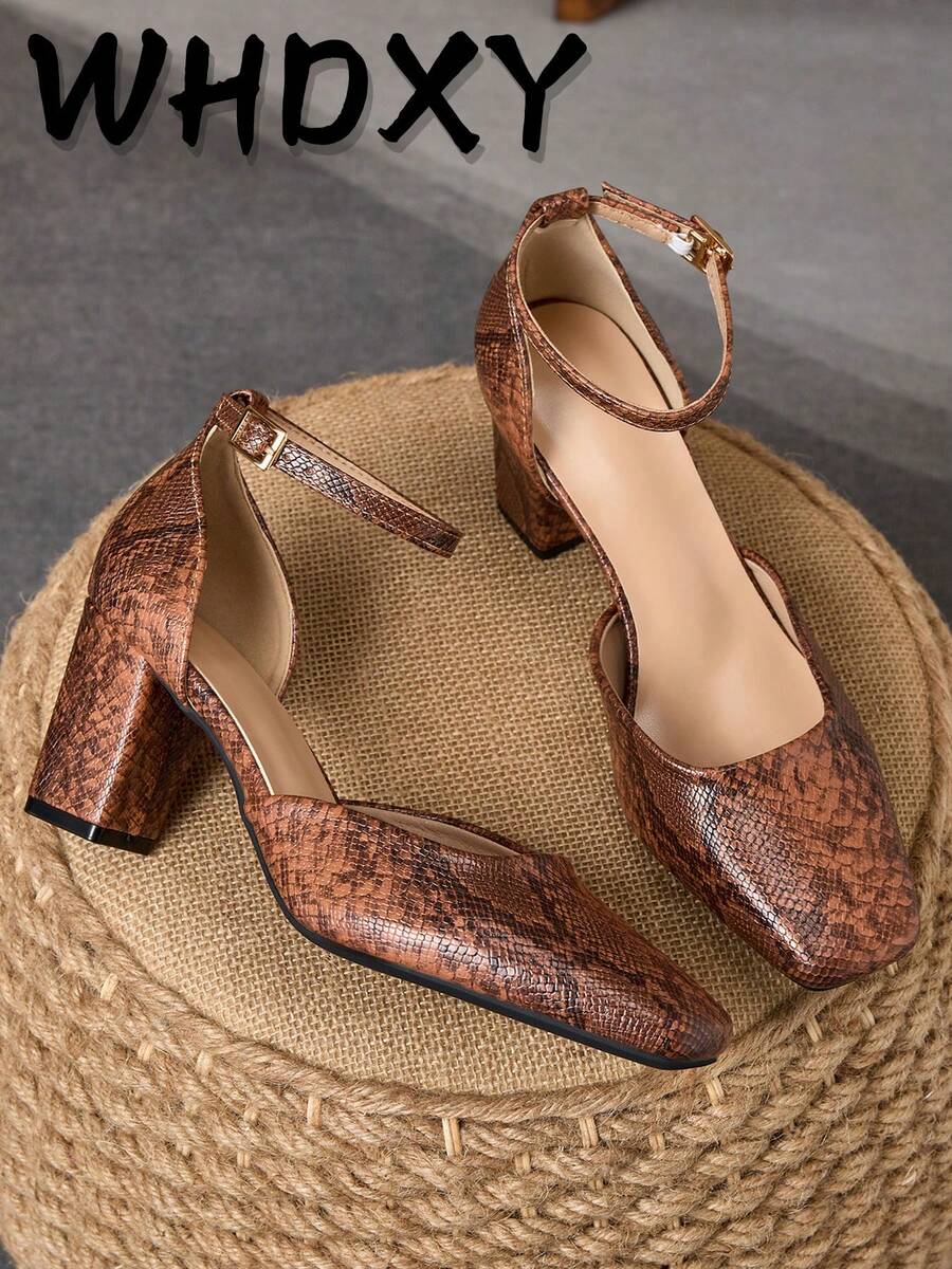 WHDXY 1 Pair Women's Square Toe Basic Solid Buckle Closure High Heel Pumps, Sexy 7CM Chunky Heel Office Lady/Flight Attendant Dress Shoes - 鏽棕色 - 查看 1