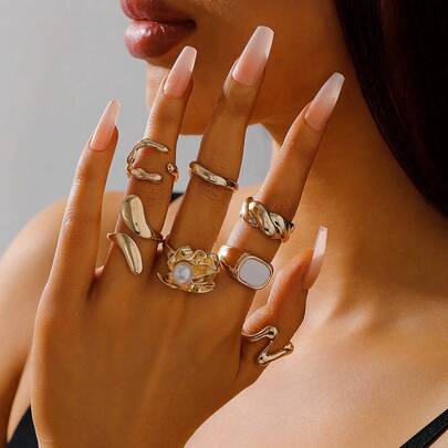 7-Piece Set Of Irregular, Sporty Open Rings With Shaped Faux Pearls