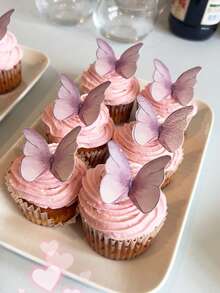 48/96件蝴蝶蛋糕装饰，纸质蝴蝶纸杯蛋糕装饰插牌，仙女主题生日蛋糕装饰，结婚纪念日、婴儿派对、生日派对装饰，春夏蛋糕装饰 - 粉色 - 查看 6