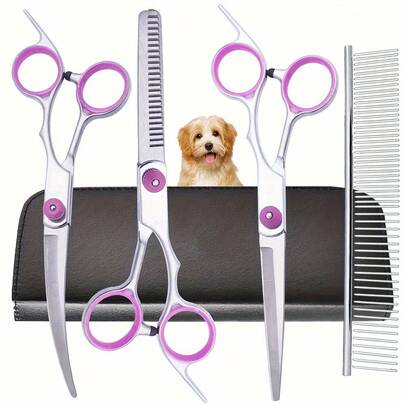 6-In-1 Professional Dog Grooming Scissors Set, Includes Curved Scissors And Stainless Steel Comb, Right-Handed Pet Trimming Kit, Pet Hair Cutting Tools, Suitable For Cats And Dogs