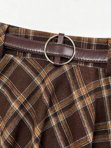 EARO Plus Size Brown Plaid Skirt, Fashionable, Minimalist, Elegant, Versatile, Loose And Slimming