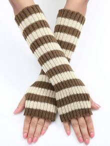 Women's Striped Knitted Fingerless Gloves, New Autumn/Winter Mid-Length Warm And Fashionable Arm Sleeves