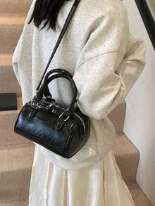 Mini Vintage Solid Color Oiled Leather Handbag & Crossbody Bowling Bag - Black - View 3