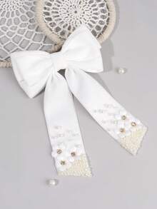 1pc White Corduroy Bow Hair Clips For Girls, Elegant Pearl Flower Corduroy Hair Barrettes, Alligator Clips, Soft Daily Wear Hairpins, Teens Hair Accessories