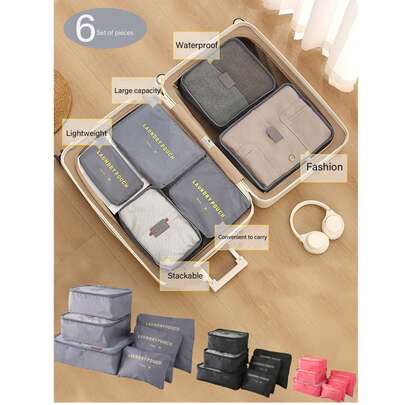 Bộ 6 túi đựng hành lý du lịch - Túi đựng đồ, Túi đựng đồ giặt, Túi đựng giày, Túi đựng mỹ phẩm, Túi đựng đồ vệ sinh cá nhân chống nước, Túi nén đựng quần áo, phụ kiện, đồ trang điểm, đồ điện tử, quà tặng ngày lễ
