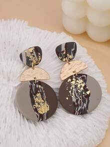 1 Pair Handmade Soft Clay Textured Gold Foil Geometric Patchwork Luxury Party Earrings For Women, Suitable For Gatherings, Travel, Vacation, Gift, Available In Multiple Colors - Coffee Brown - View 3