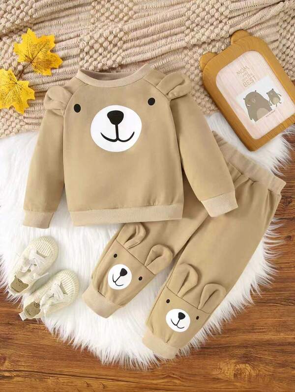 2pcs/Set Baby BoyCasual Bear Print Graphic + 3D Bear Ear Hoodie And Matching Bear Print + 3D Bear Ear Pants Outdoor Suit, Autumn/Winter