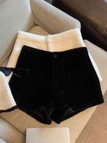 Women's Casual Fashion Black & White Combination Loose Fluffy Shorts, Autumn/Winter