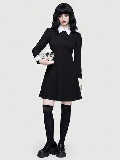 1pc Wednesday Addams/ Cosplay Costume Dress, Collared Mid-Length Dress, Halloween