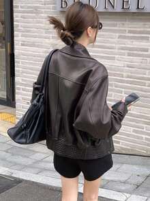 女士时尚 PU 皮革金属纽扣口袋长袖夹克外套，秋冬 - 摩卡棕 - 查看 2