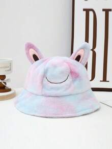 1pc Women's Tie-Dye Fluffy Rainbow Smiling Face Cute Bucket Hat, Korean Style 3D Ear Design Sweet Plush Cap, Warm Thermal Lining Casual Hat For Autumn/Winter