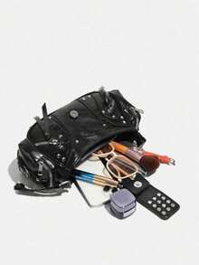 Unisex Punk Rock Motorcycle Bag, Y2K Oilcloth Leather Crossbody Underarm Handbag With Adjustable Strap, Suitable For Shopping - Black - View 5