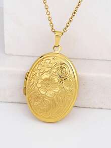 1pc Stainless Steel Hollow Vintage French 18K Plated Oval Embossed Floral Geometric Pendant Necklace, Can Open To Hold Photos, Minimalist Elegant Jewelry Gift For Men & Women, Valentine's Day