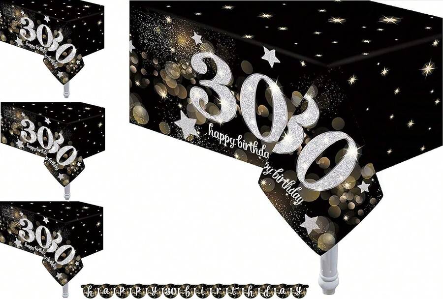4 Pack 30th Birthday Table Cover 30th Birthday Theme Tablecloth Party Supplies - Đen Trắng Bạc - Xem 1