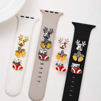 Set de 3 adornos decorativos para correa de reloj navideña, de aleación de zinc con forma de reno/campana/calcetín, compatible con correas de (correa de reloj no incluida)