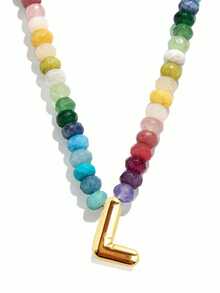 1pc Bohemian Style Colorful Natural Stone Beaded 26 Letter Copper Pendant Necklace, Suitable For Daily, Vacation, Travel, Casual Wear, Fashion Jewelry Gift For Family And Friends