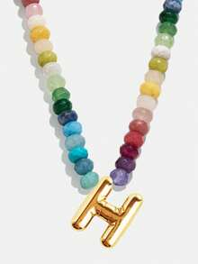 1pc Bohemian Style Colorful Natural Stone Beaded 26 Letter Copper Pendant Necklace, Suitable For Daily, Vacation, Travel, Casual Wear, Fashion Jewelry Gift For Family And Friends