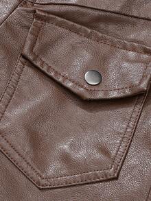 男士休闲时尚街头风拉链连帽PU皮长袖夹克，秋季款 - 酒紅色 - 查看 7