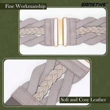 Vintage Stretchy Wide Elastic Belt With Gold Buckle For Women - Xám - Xem 10